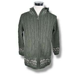 Aran Crafts Merino Fair Isle Zip Cardigan Sweater Women’s Small Green Hood New